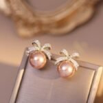 Bow sparkle diamond pearl stud earrings