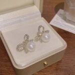 Bow Knot Pearl Earrings with Zircon – Korean Style (PJX-113)