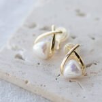 Trendy Korean Cross Pearl Earrings – Sculpted Design (AVT-114) - Image 2