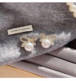 Bow Knot Pearl Earrings with Zircon – Korean Style (PJX-113) - Image 3