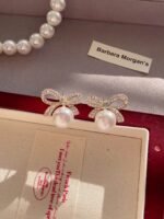 Bow Knot Pearl Earrings with Zircon – Korean Style (PJX-113) - Image 2