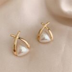 Trendy Korean Cross Pearl Earrings – Sculpted Design (AVT-114)
