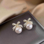 Bow sparkle diamond pearl stud earrings - Image 4