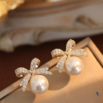Bow sparkle diamond pearl stud earrings - Image 3