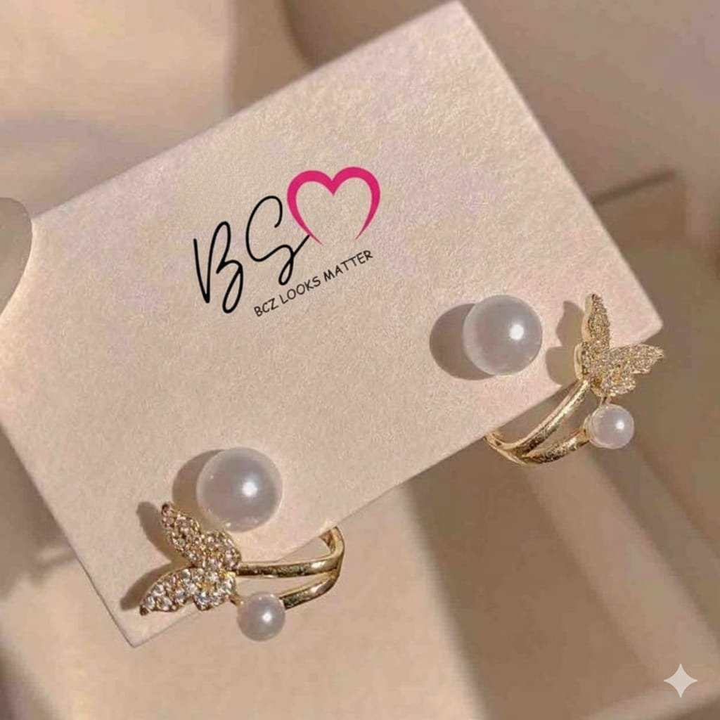 a4a8ec18eb6c8a20823e35f7e72ba136 AXJ-161 Butterfly Pearl Korean Earrings - Golden - Image 1